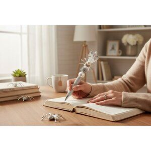 Elegant Silver Spider-Themed Pen With Rhinestones & Pearl Accents For Writing &